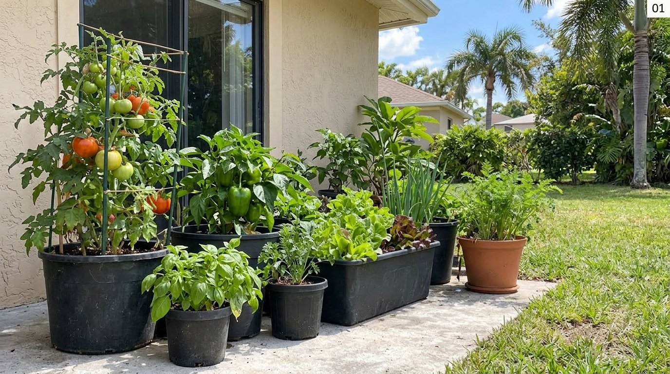 Container vegetable garden on a home patio