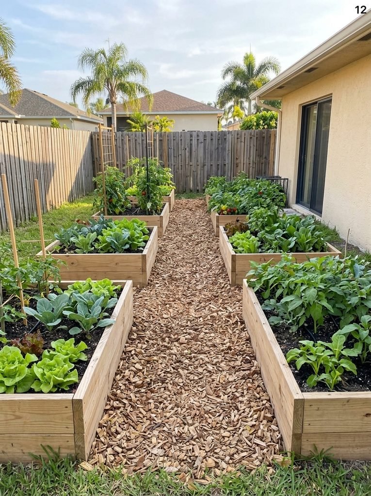 Raised beds organized inside a backyard