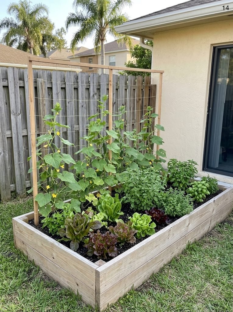 Trellis support above a raised vegetable garden