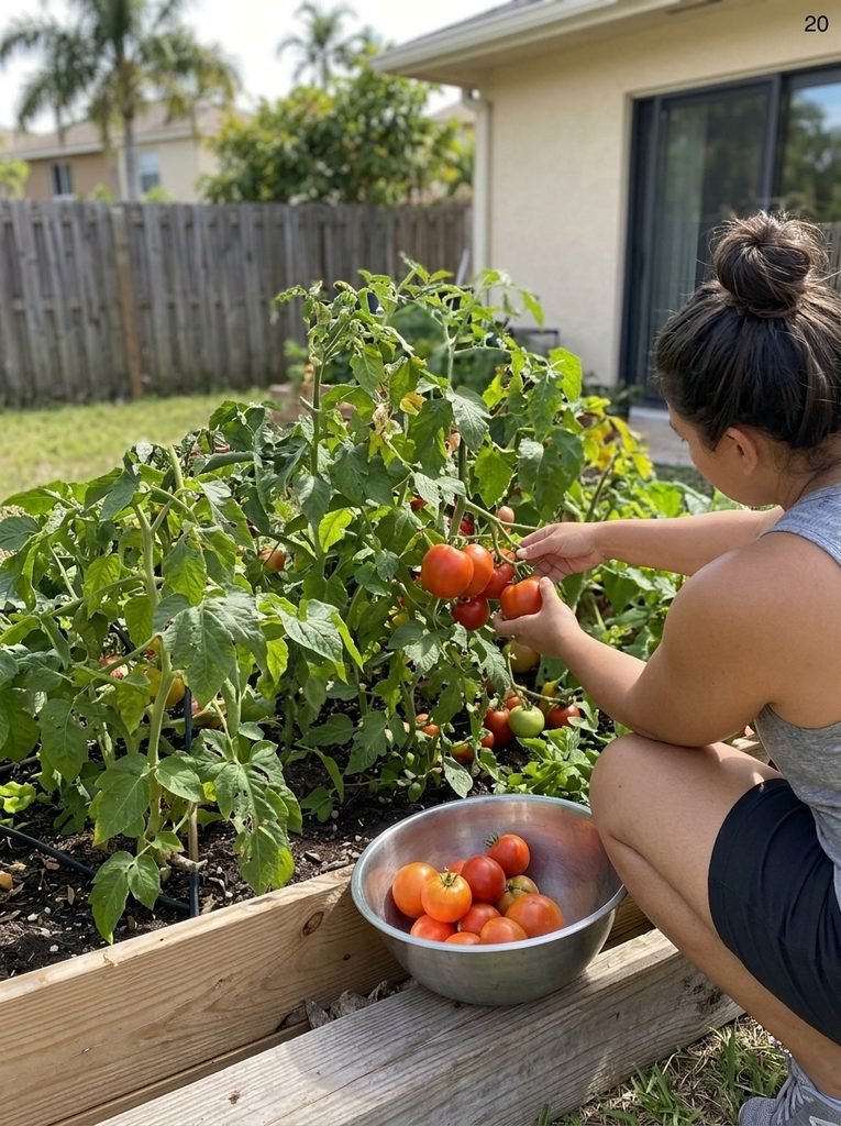 Harvesting vegetables from a raised garden bed