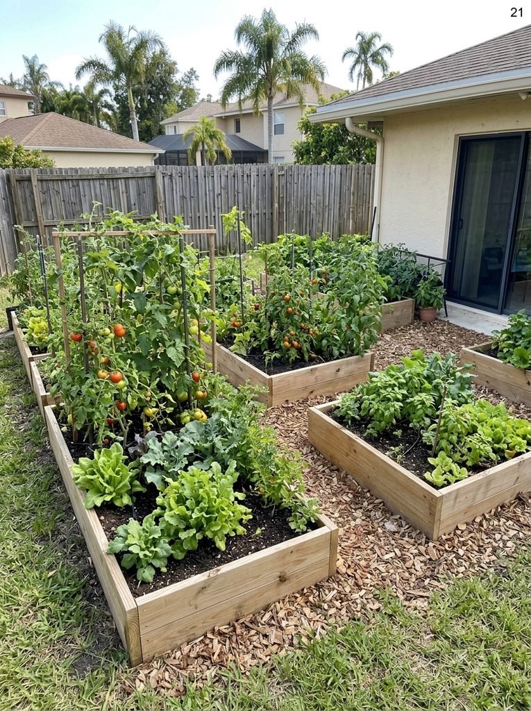 Raised bed vegetable garden in a home backyard
