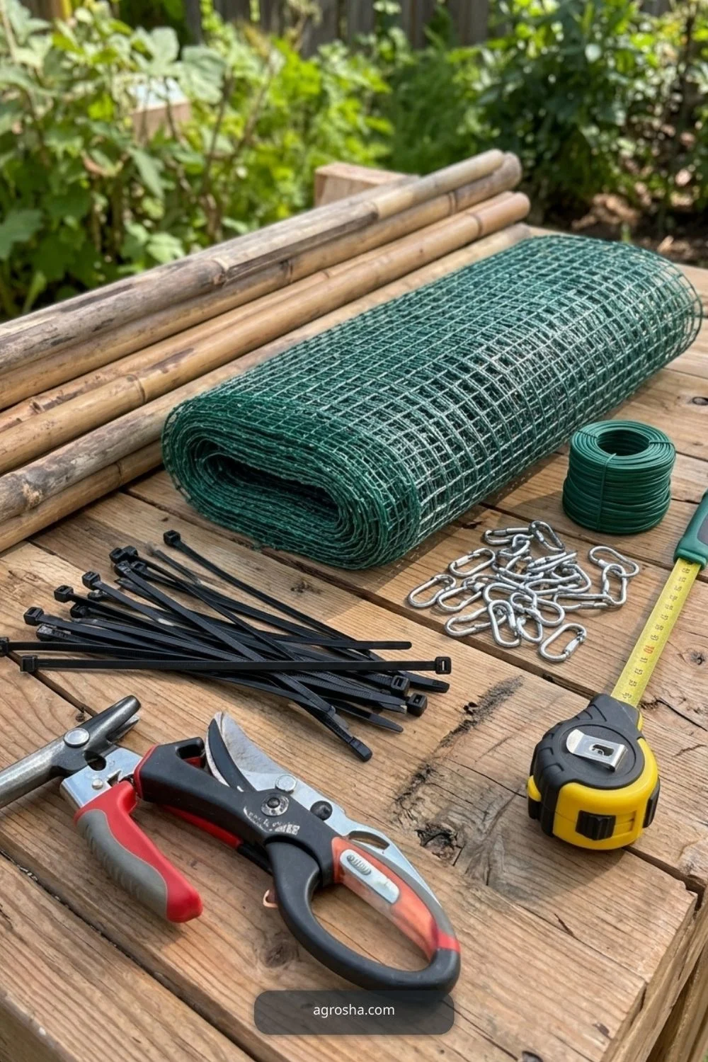 Materials and Tools for DIY cucumber A-frame trellis