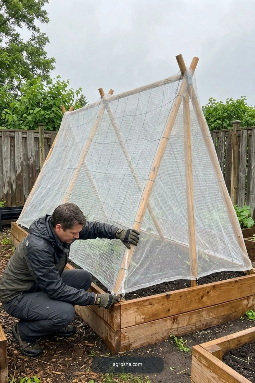 Storm inspection for DIY cucumber A-frame trellis