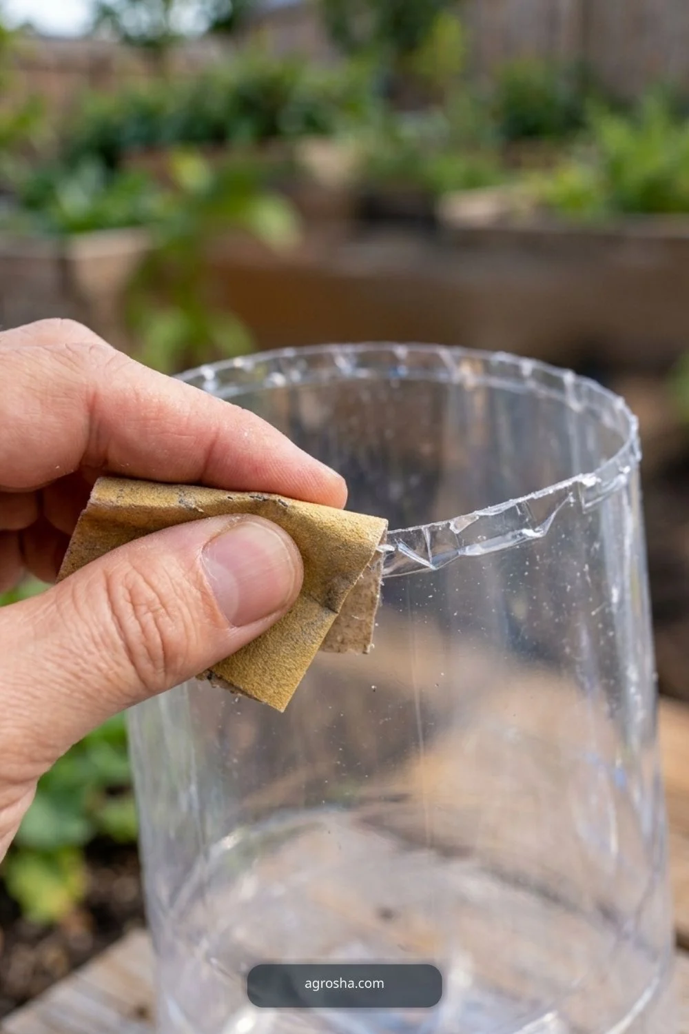 Remove the bottom and check the edge for DIY garden cloche from recycled materials