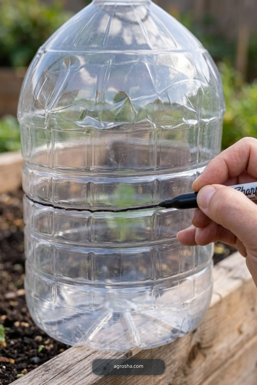 Mark a safe cutting line for DIY garden cloche from recycled materials