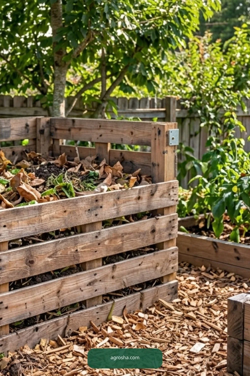 Finished DIY pallet compost bin in a practical home garden