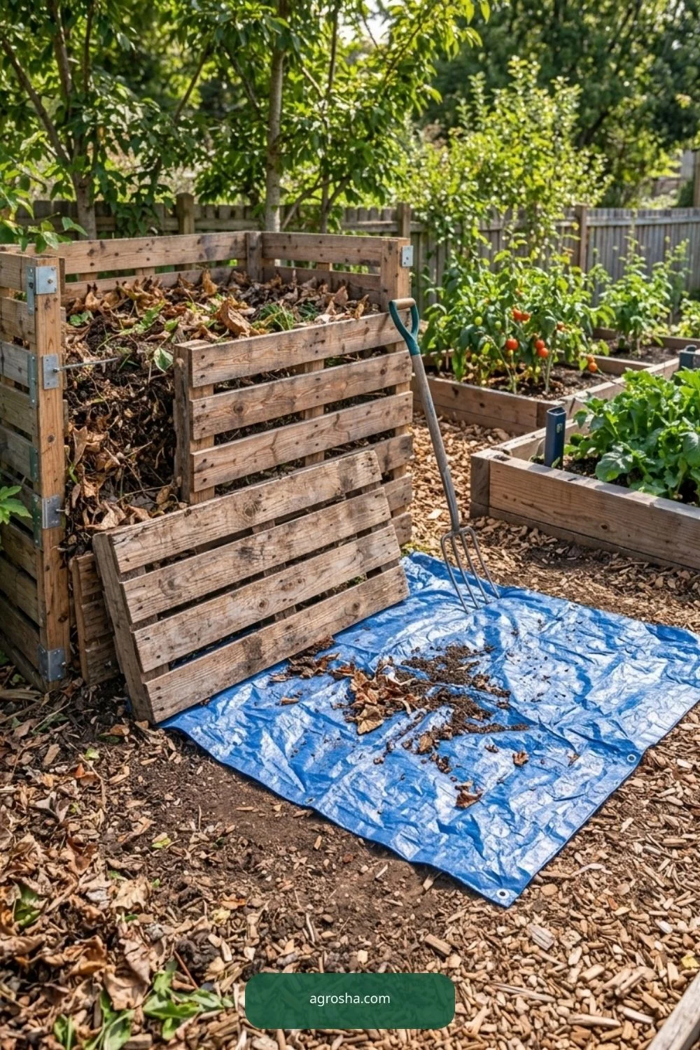 Space for turning tarp for DIY pallet compost bin