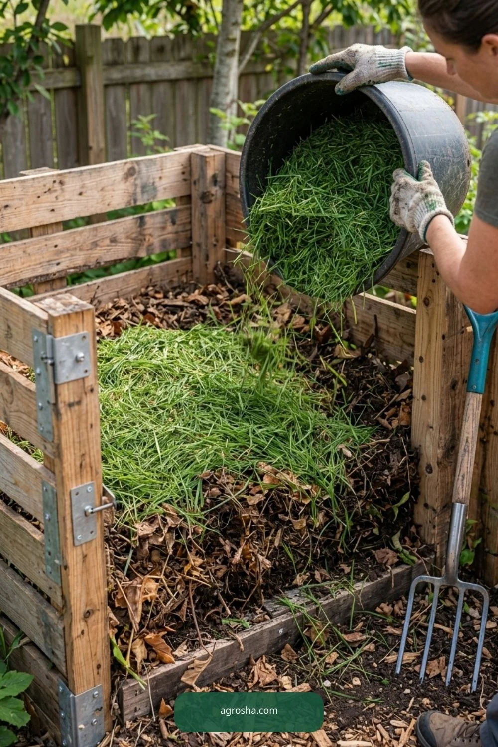 Layer fresh clippings for DIY pallet compost bin