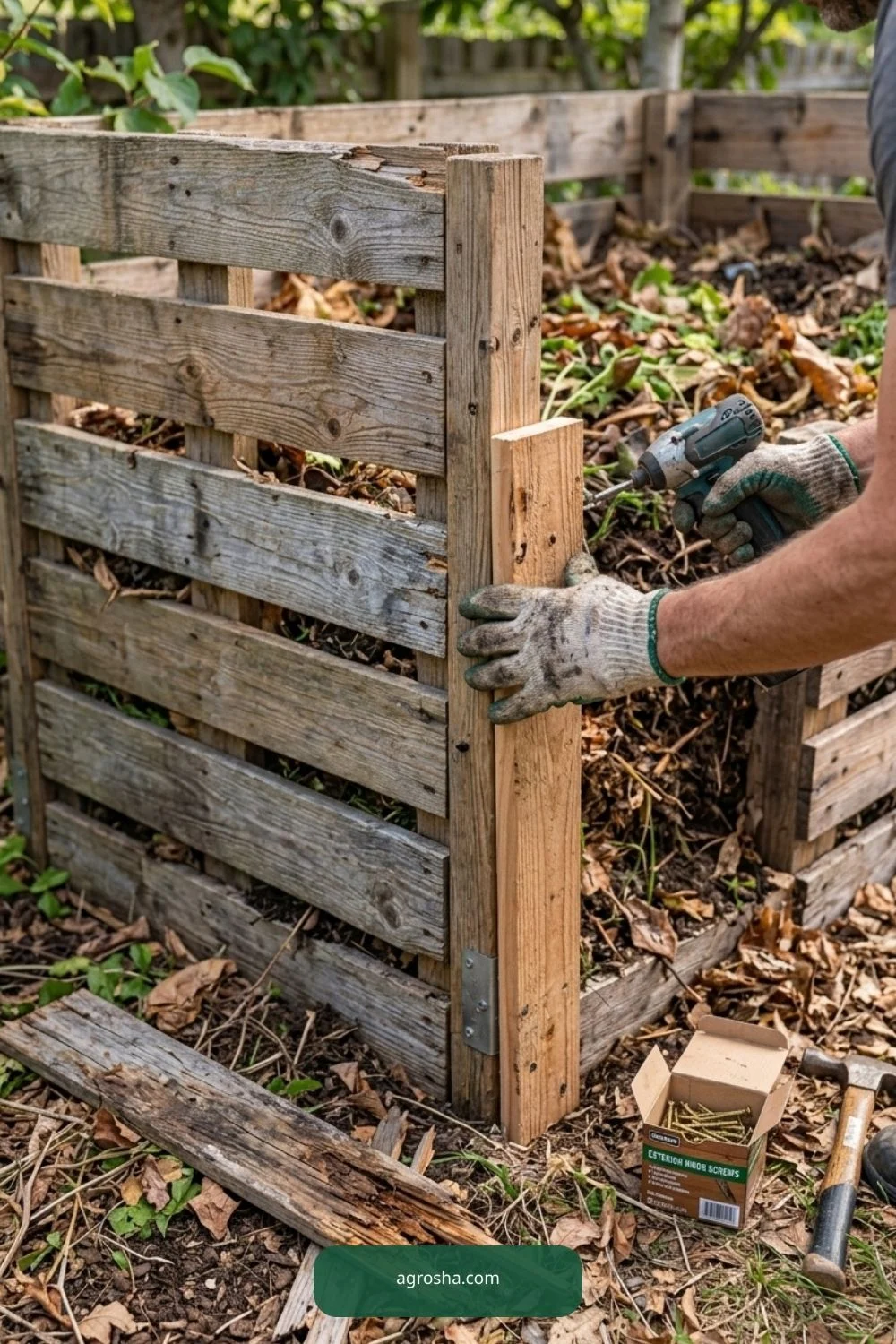 Repair aged wood for DIY pallet compost bin