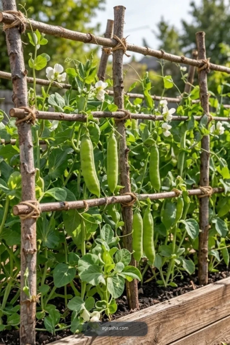 Finished DIY pea trellis from branches in a practical home garden