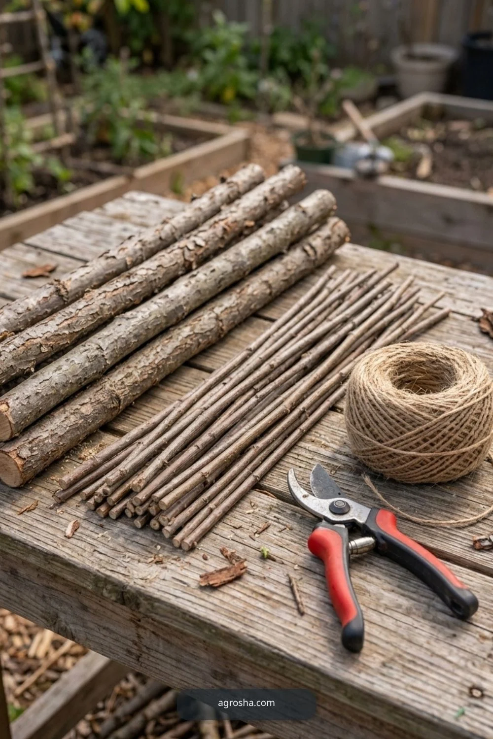 Materials and Tools for DIY pea trellis from branches
