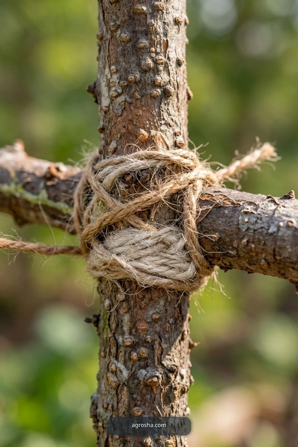 Attach or weave the crosspieces for DIY pea trellis from branches