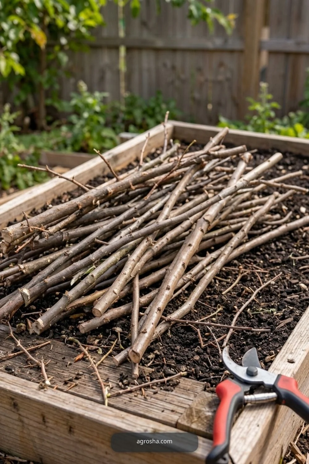 Remove thorny branches for DIY pea trellis from branches