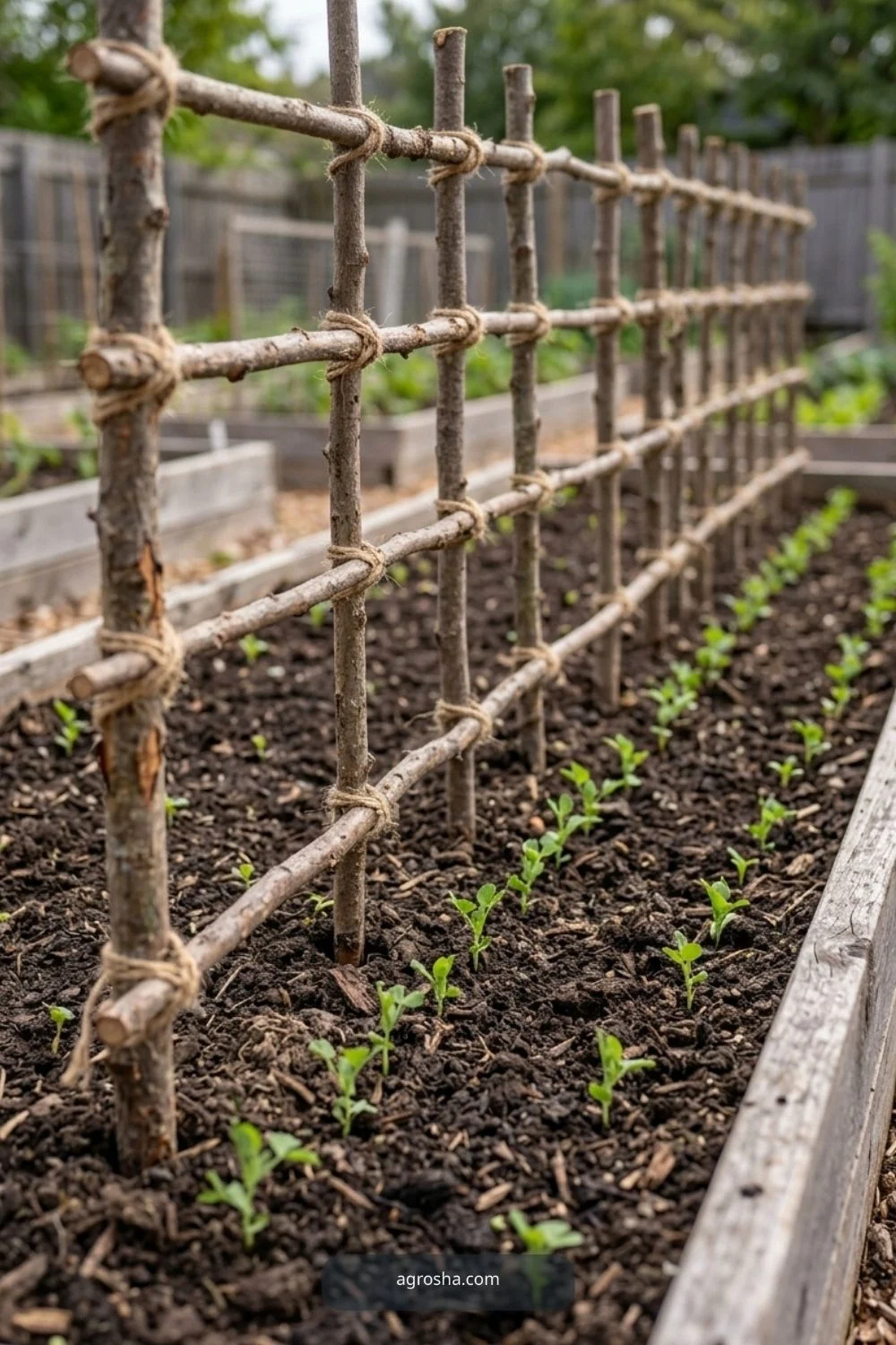 Install before peas grow for DIY pea trellis from branches