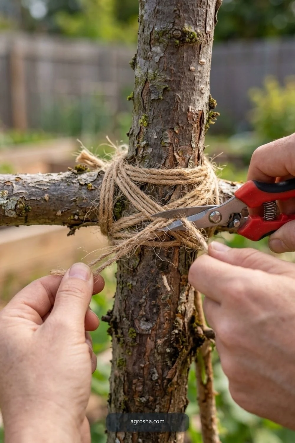 Tidy loose string for DIY pea trellis from branches