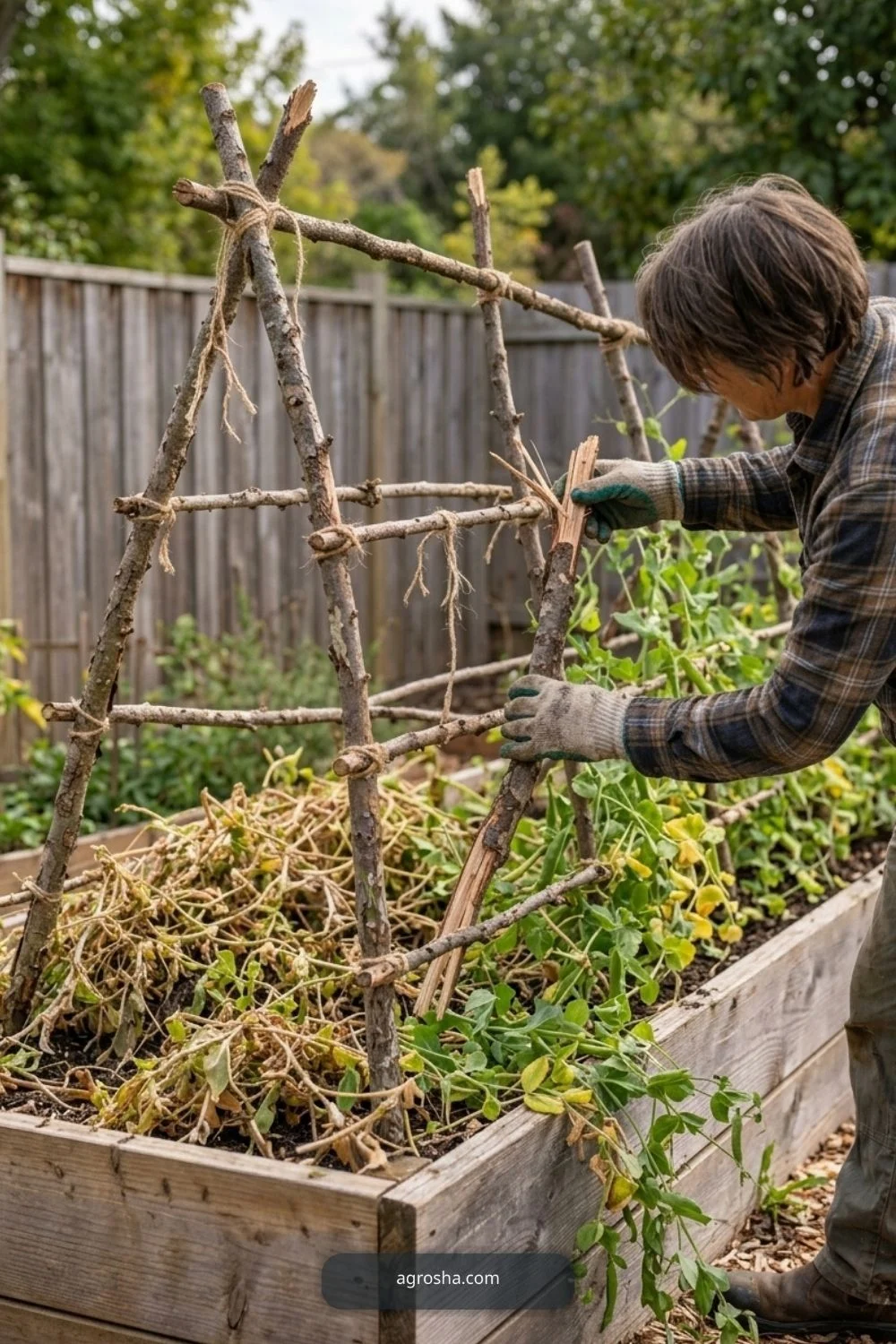 Check storm damage for DIY pea trellis from branches