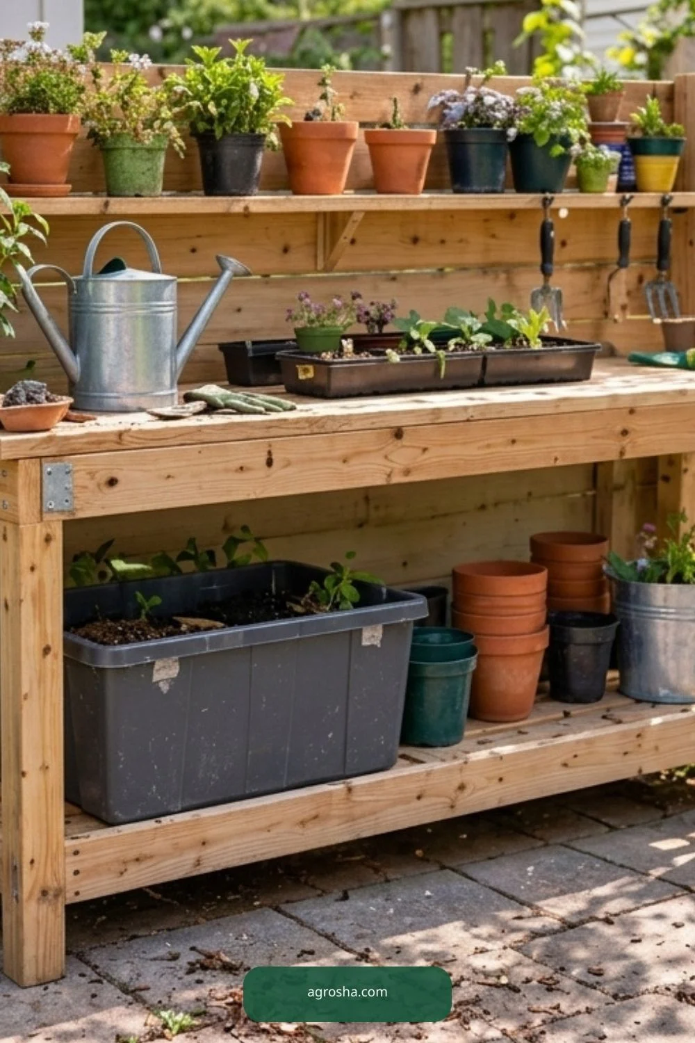 Finished DIY potting bench with storage in a practical home garden