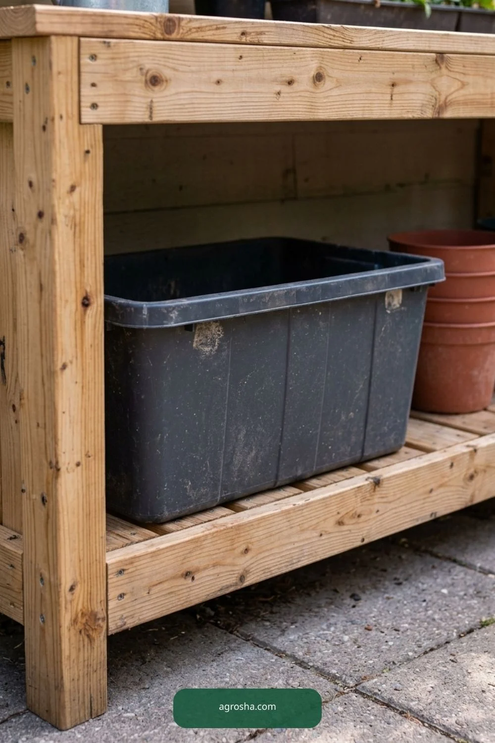 Attach a practical work surface for DIY potting bench with storage