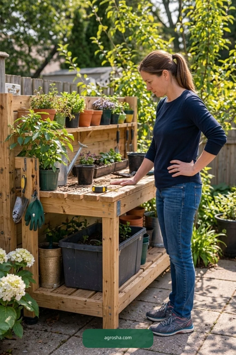 Test comfortable worktop height for DIY potting bench with storage