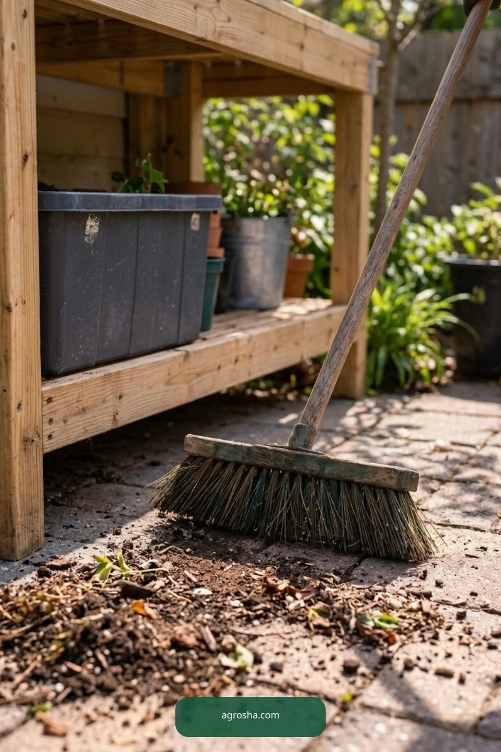 Low heavy storage shelf for DIY potting bench with storage