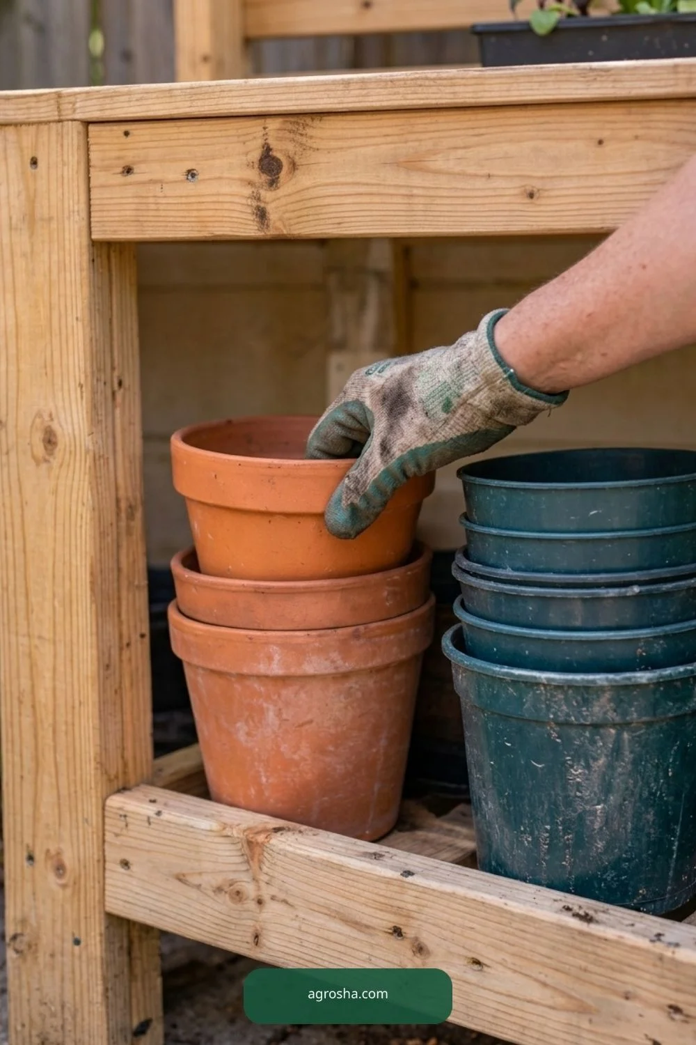 Stacked pot reach for DIY potting bench with storage