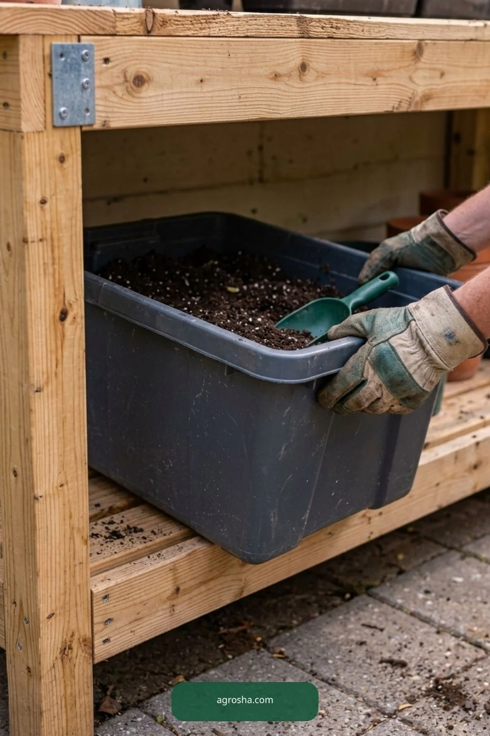 Removable mixing tub for DIY potting bench with storage