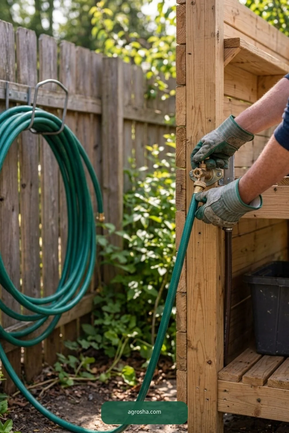 Outdoor hose access for DIY potting bench with storage