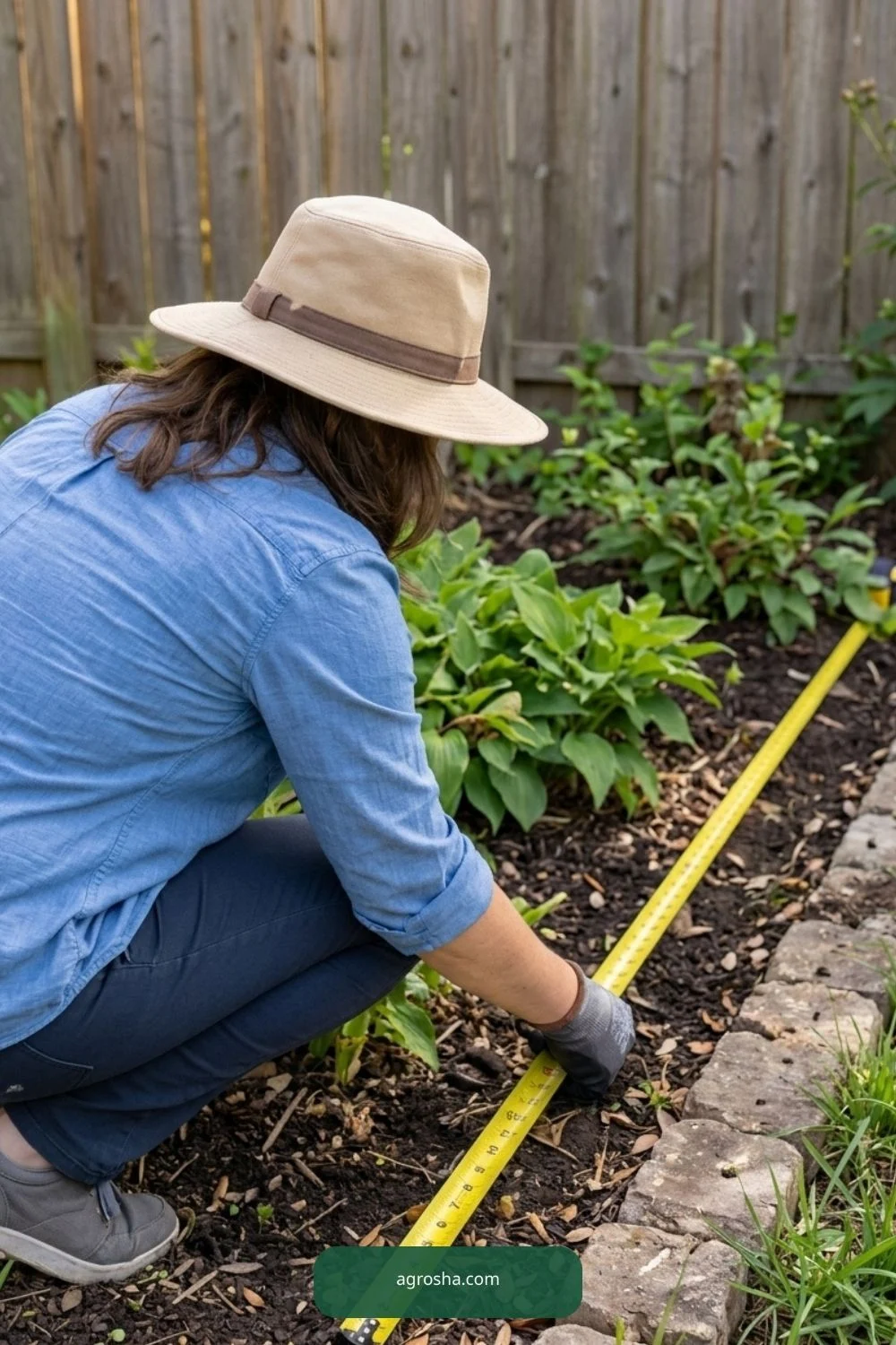 Gardener measuring discharge path through a planted garden bed for barrel overflow hose