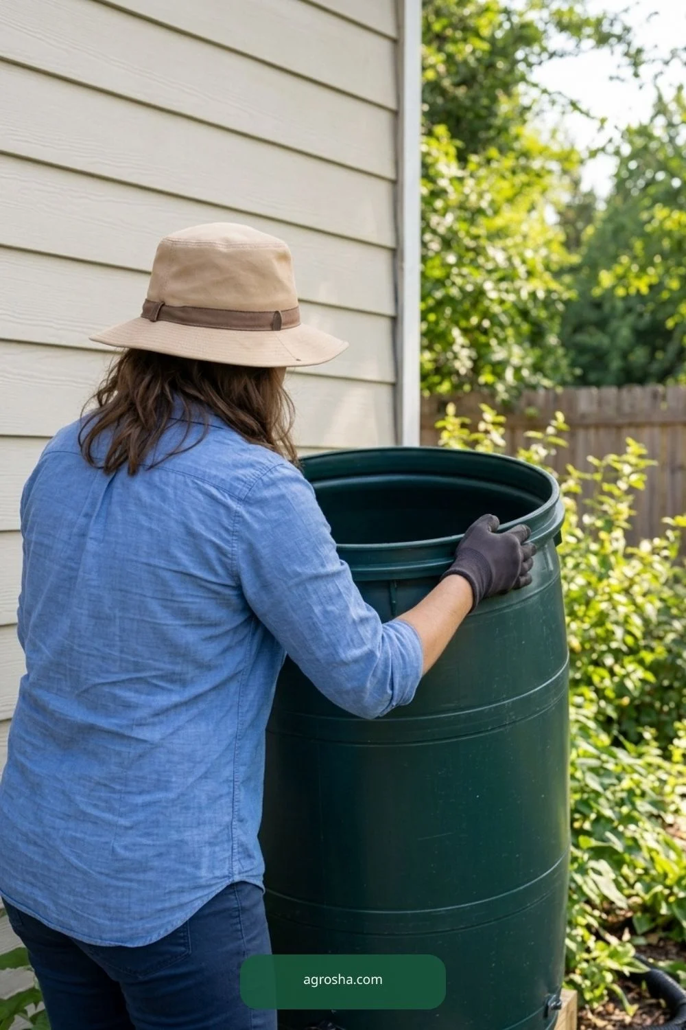 Gardener lifting the lid on an empty green plastic rain barrel before cutting overflow hole