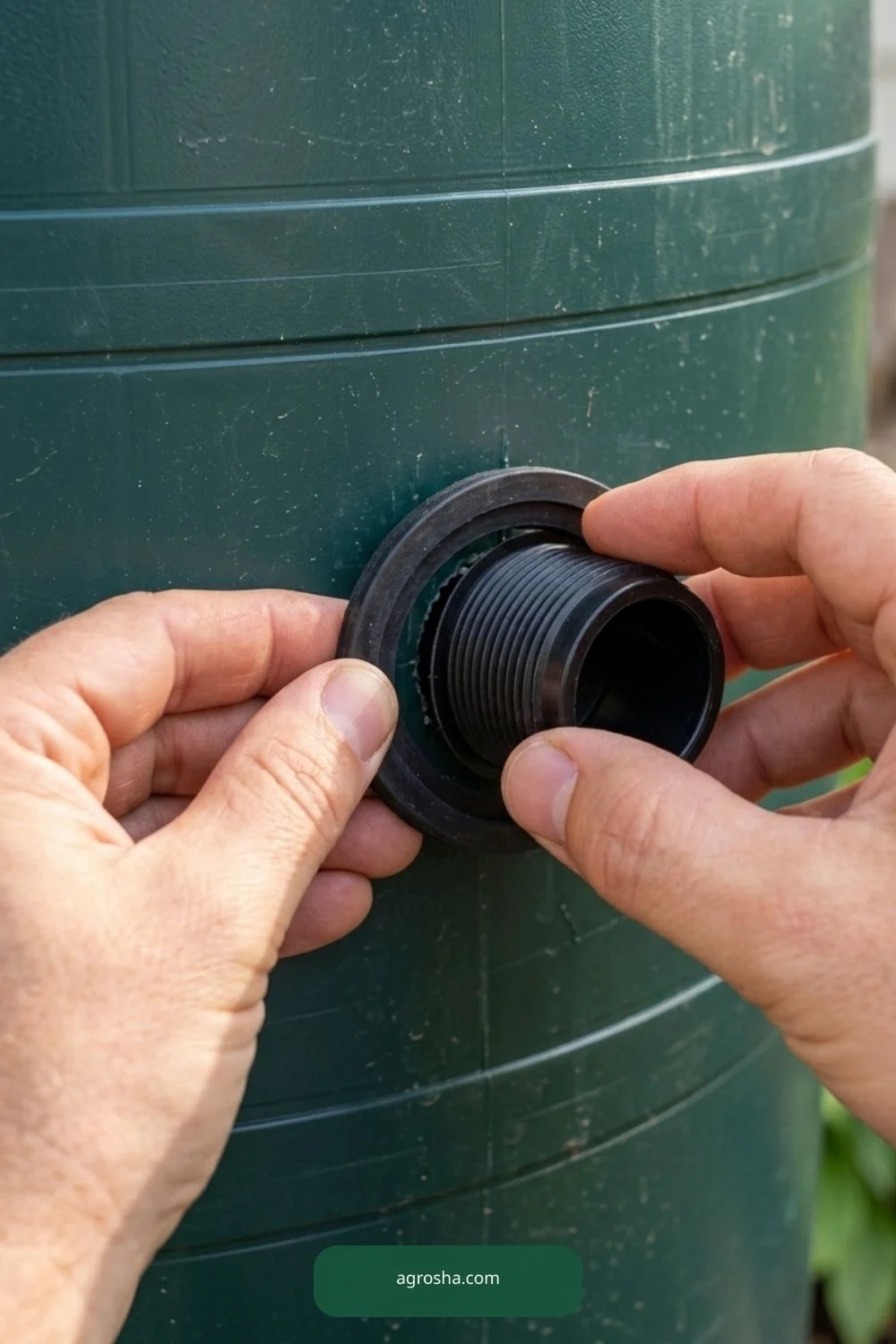 Hands seating black rubber washer around rain barrel overflow connector