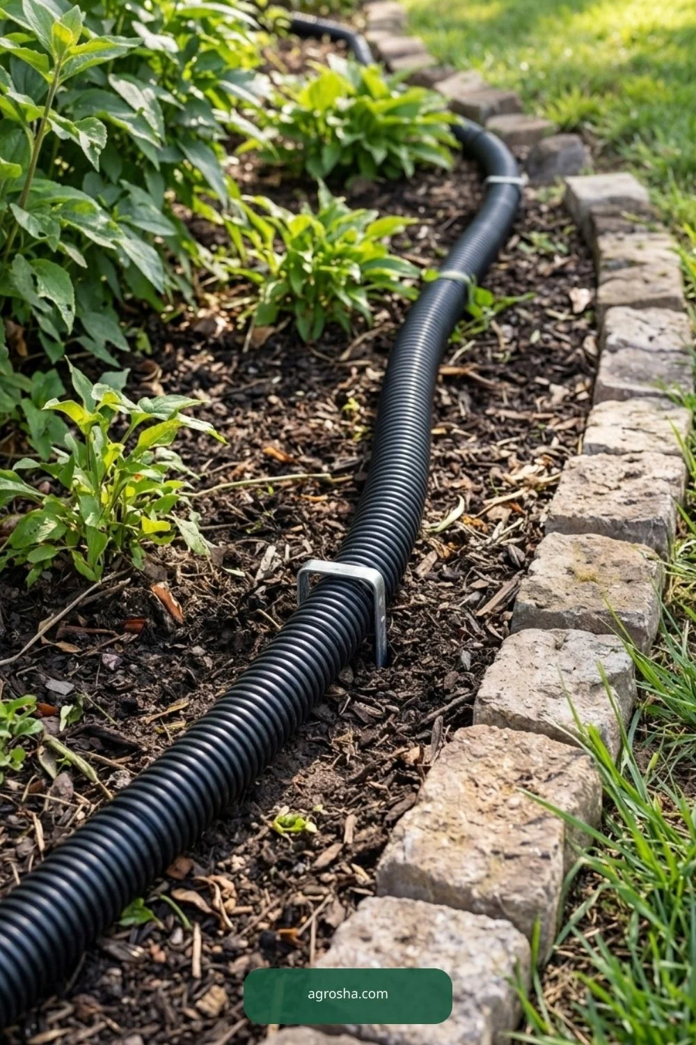 Black corrugated overflow hose routed along raised garden bed and secured to ground