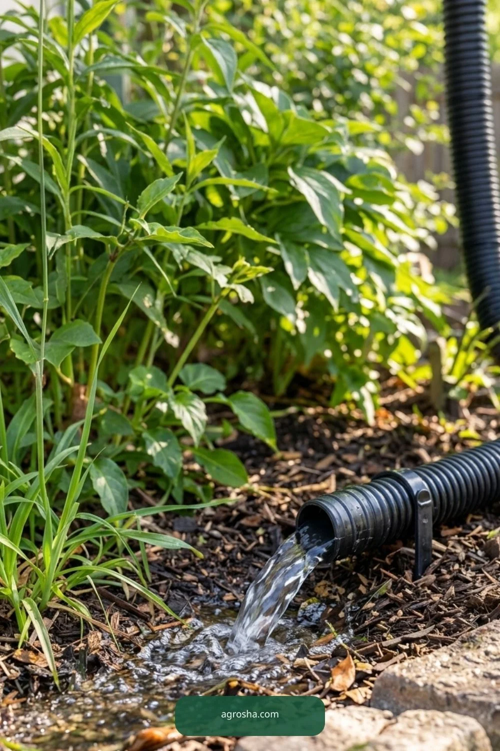 Flowing rainwater exiting corrugated overflow pipe onto safe garden soil away from house