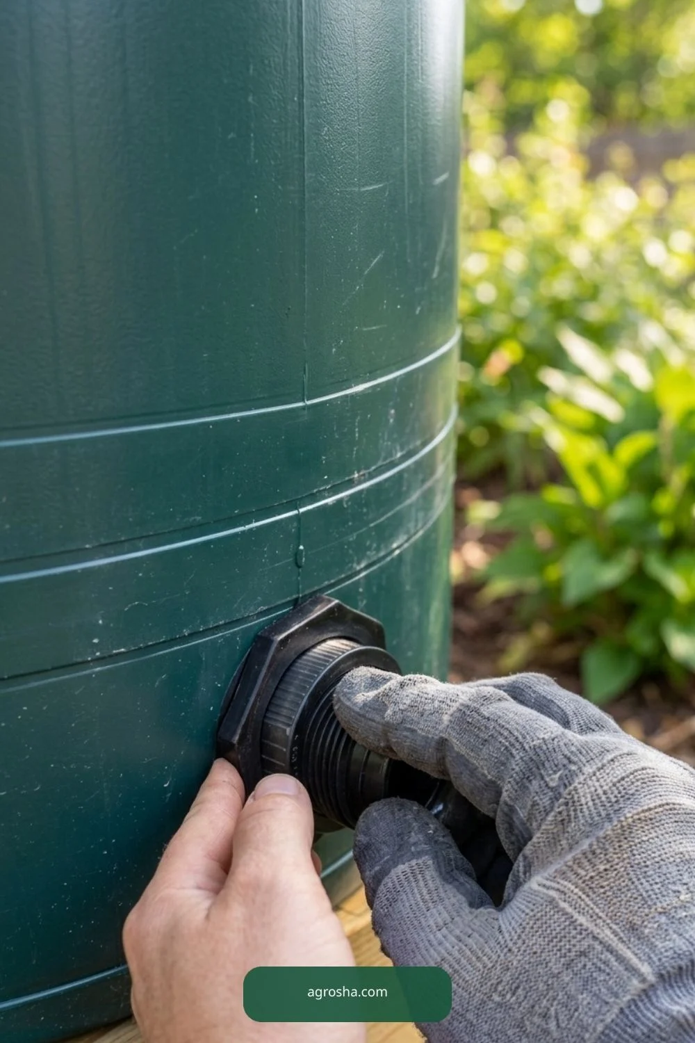 Gloved fingers inspecting rain barrel overflow fitting to check for leaks