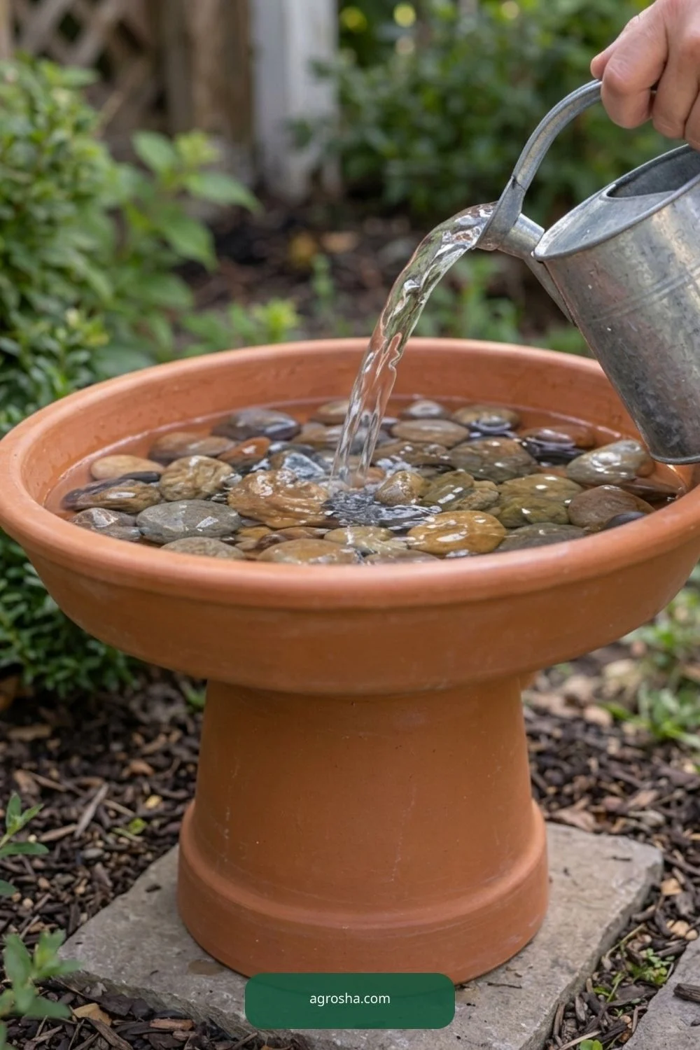 Water pouring over small rounded footing stones in a shallow terracotta bird bath saucer