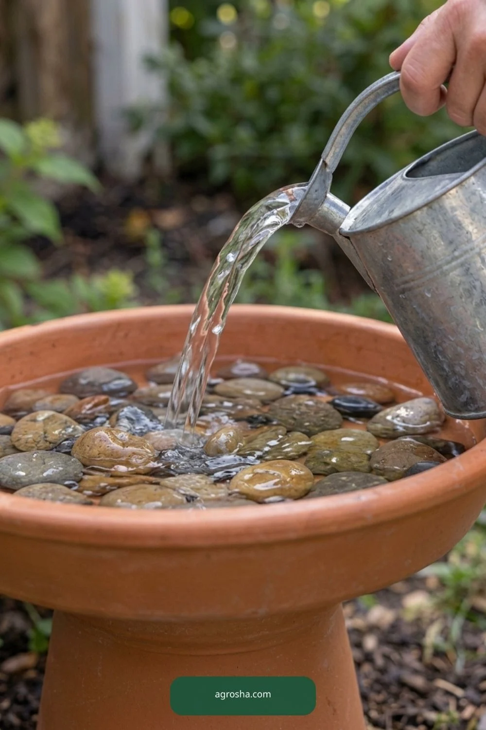 Close-up of a watering can filling a shallow terracotta bird bath with stones