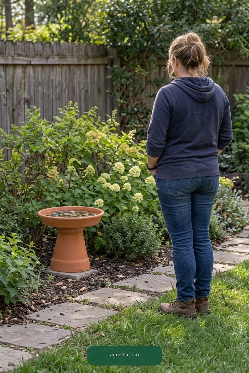 Gardener observing a small terracotta bird bath from a distance in a home garden