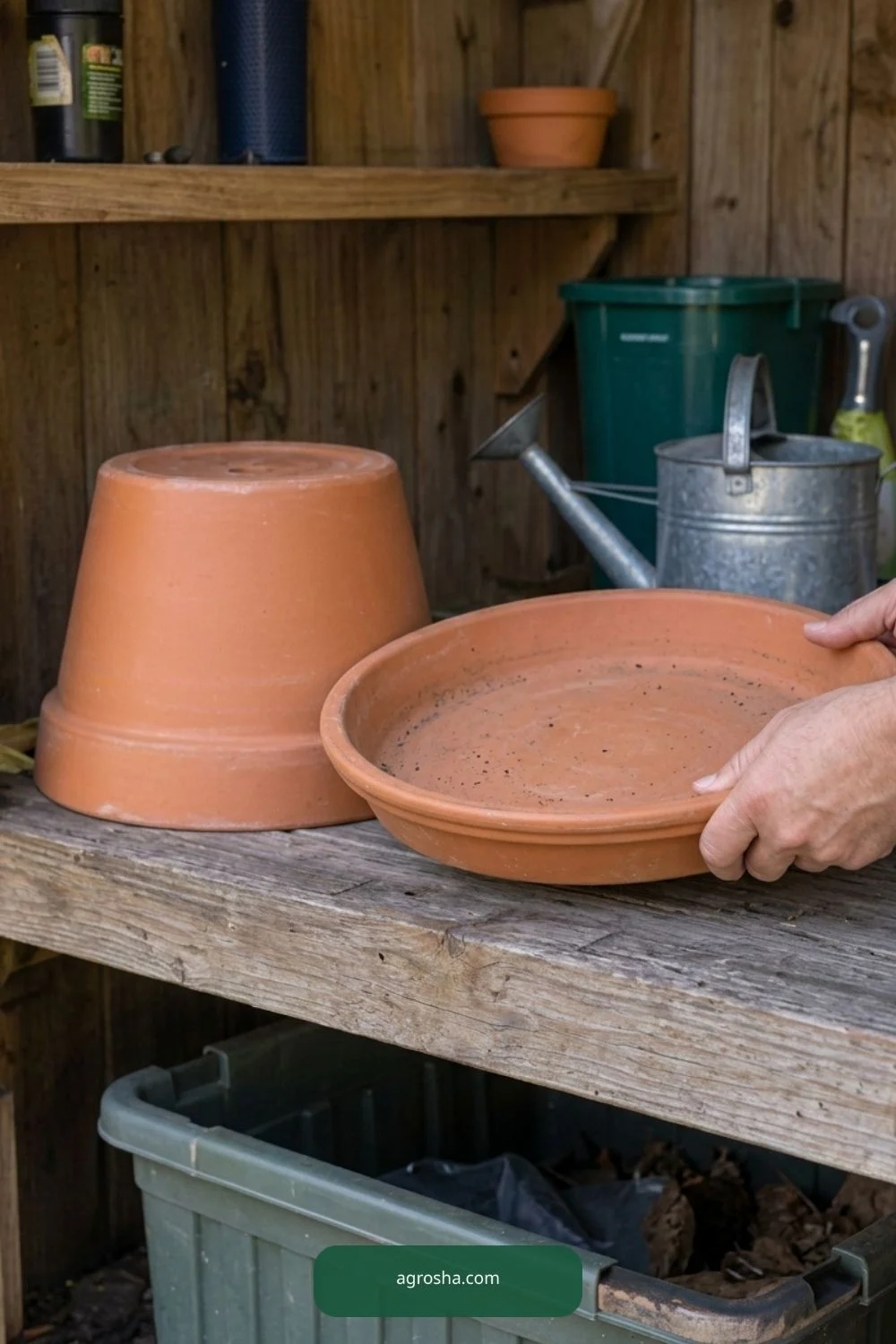Hands lifting an empty clay saucer away for washing and maintenance