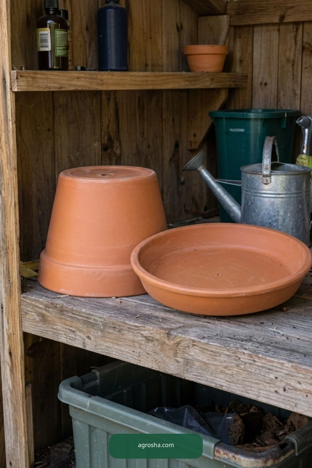 Empty terracotta saucer and pot stored dry on a protected outdoor shelf