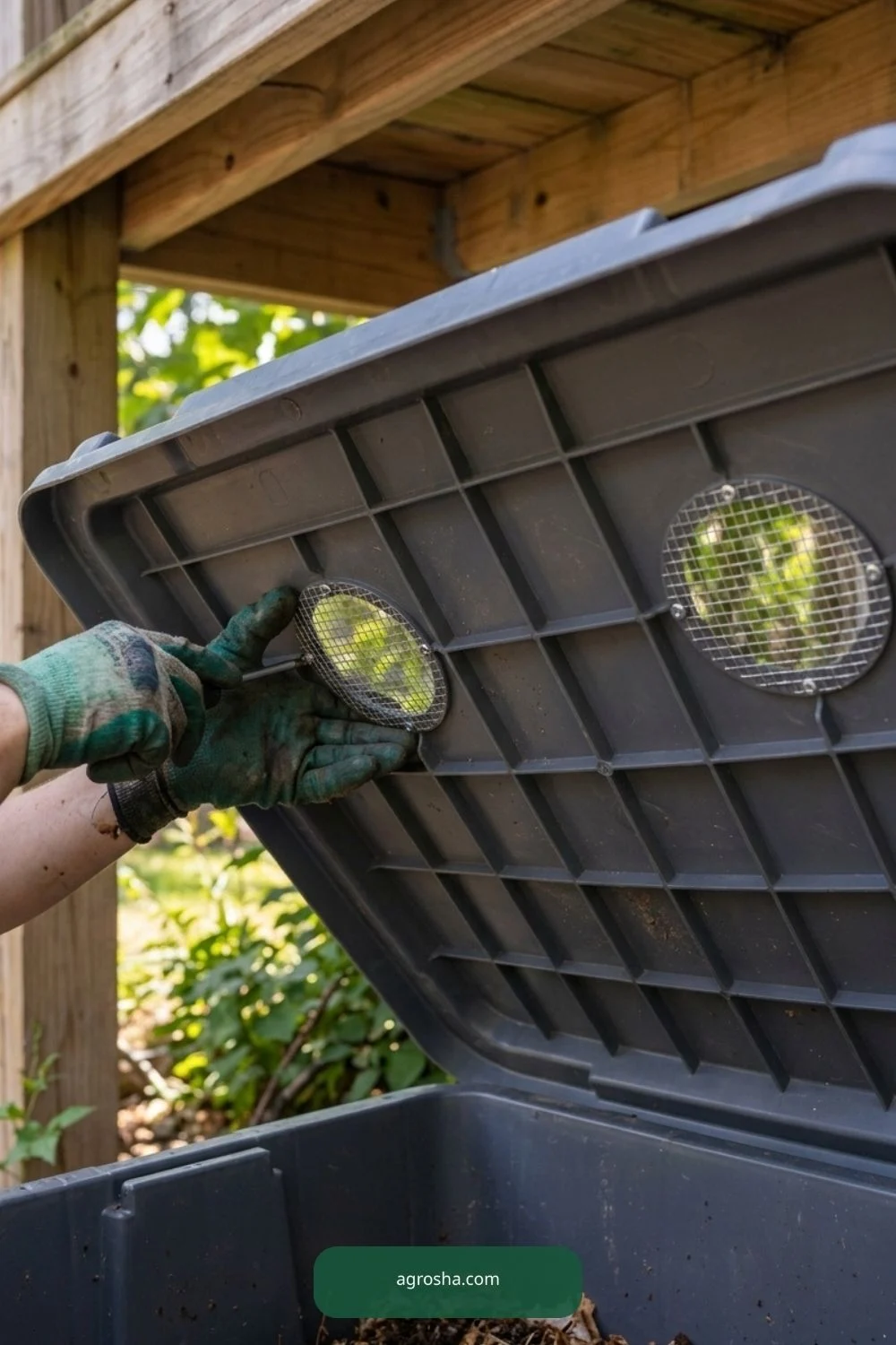 Ventilation under lid for DIY worm composting station outdoors