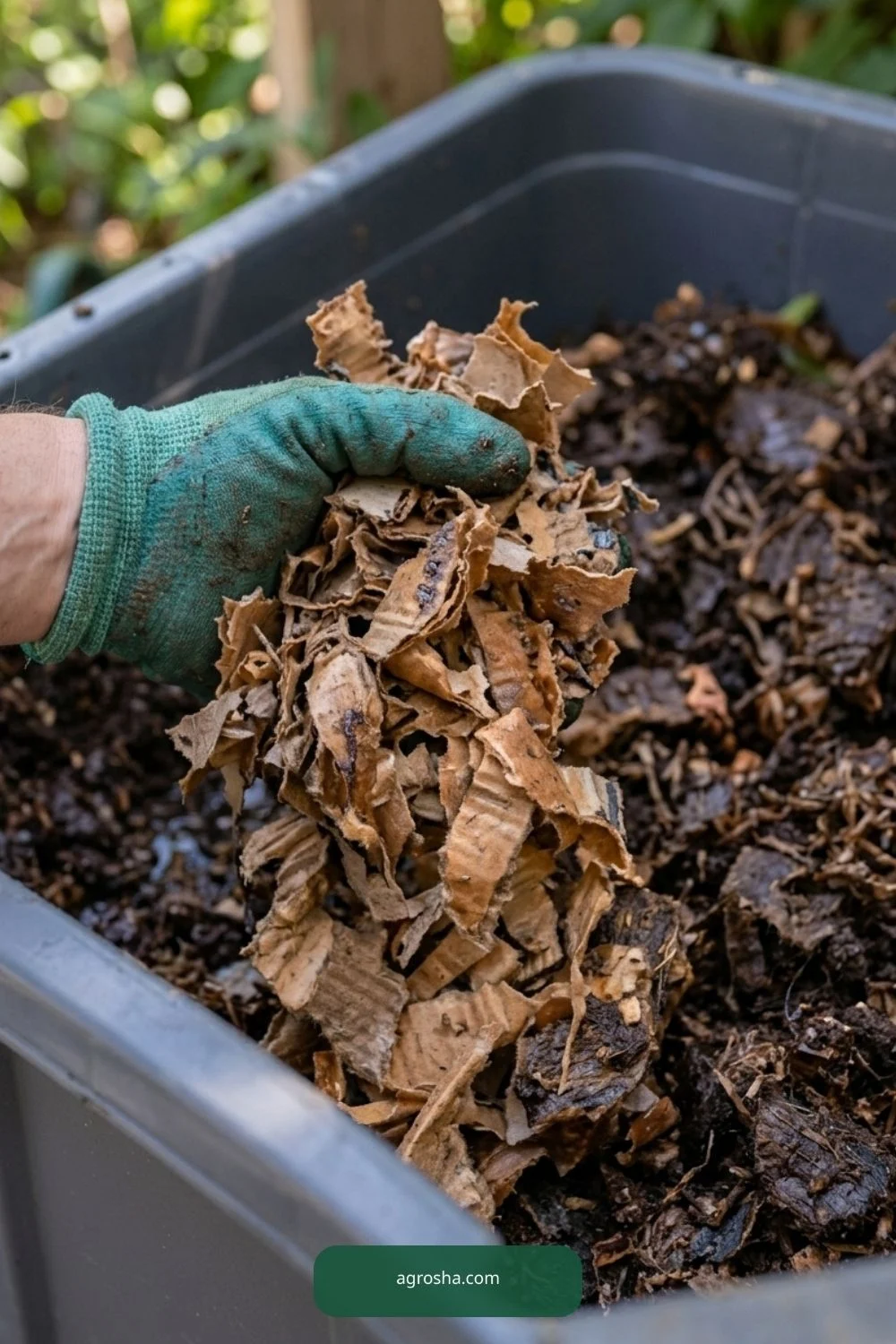 Damp shredded bedding for DIY worm composting station outdoors