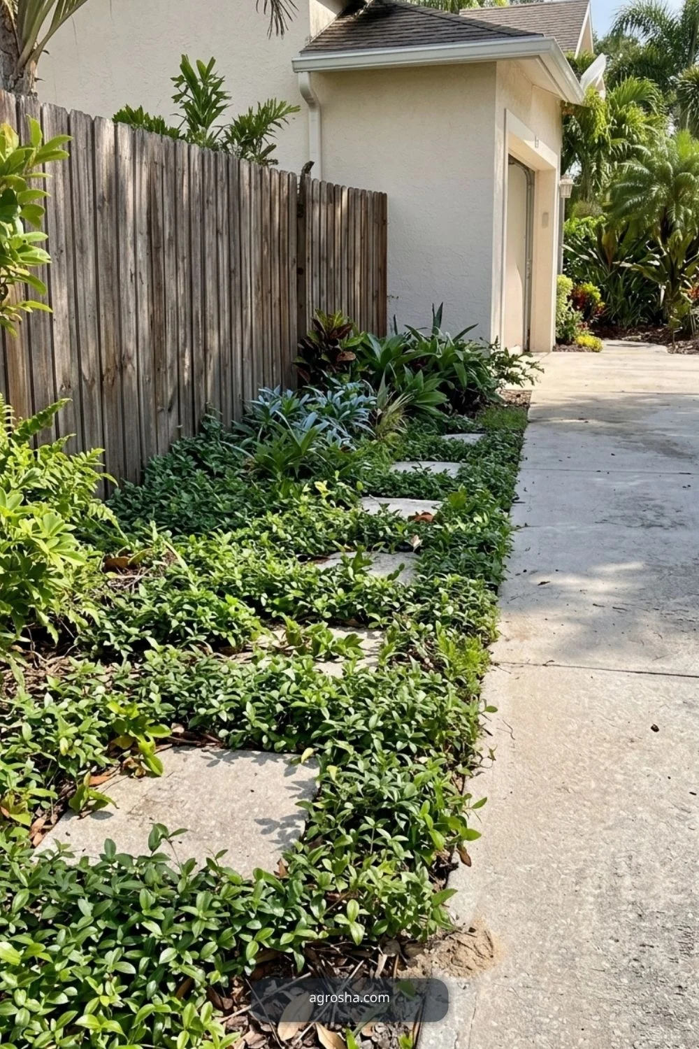Florida driveway border showing groundcover between driveway and fence
