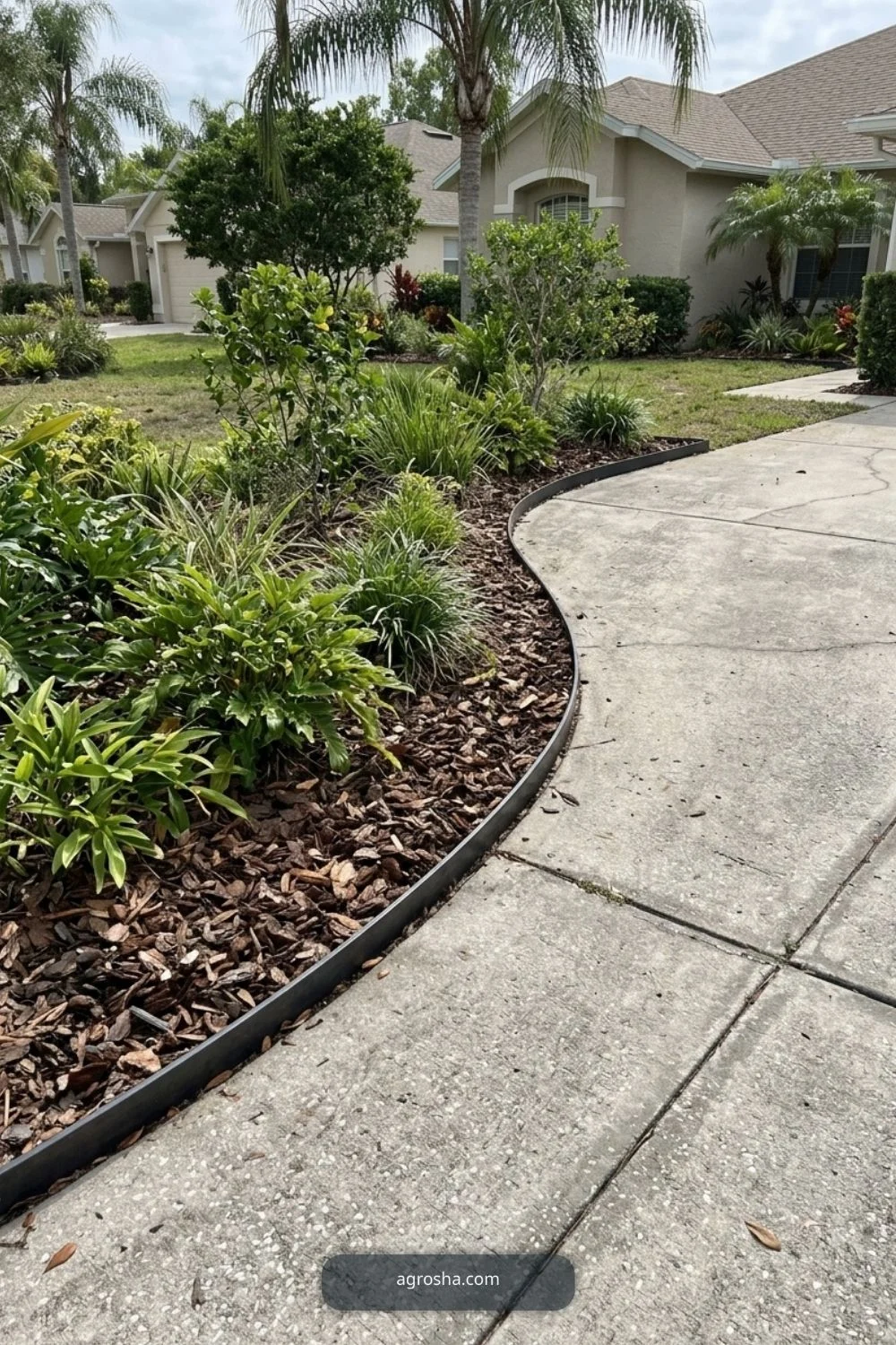 Florida driveway border showing thin metal edge around mulched beds