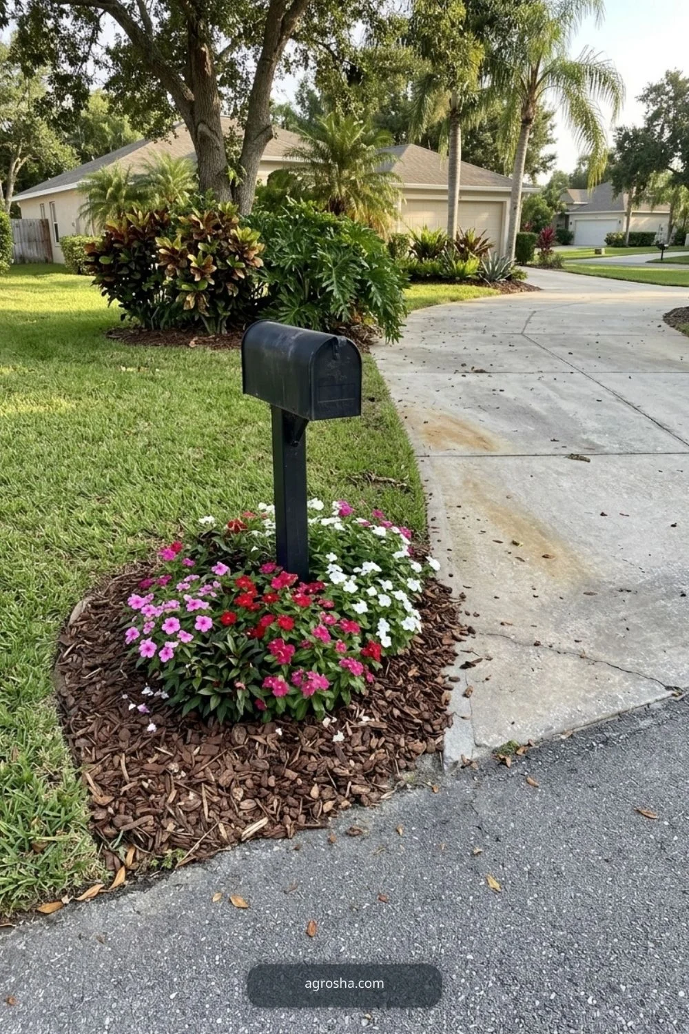 Florida driveway border showing low seasonal color near the mailbox zone