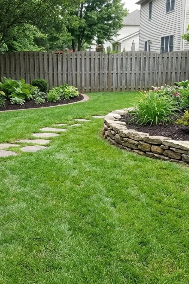 Suburban flower beds with clean stone, brick, and natural garden borders