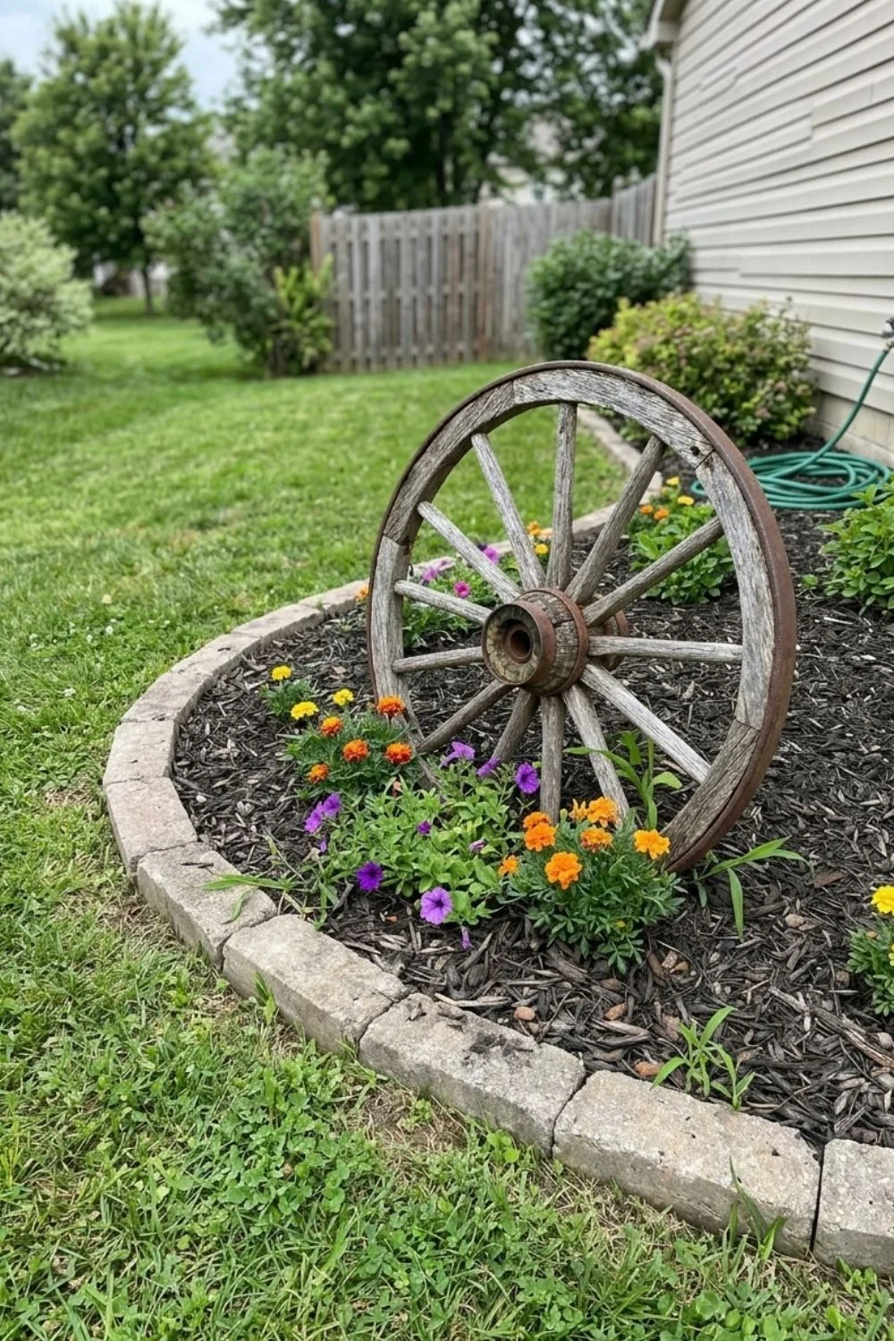 Rustic Wagon-Wheel Divider defining a flower bed in a suburban backyard