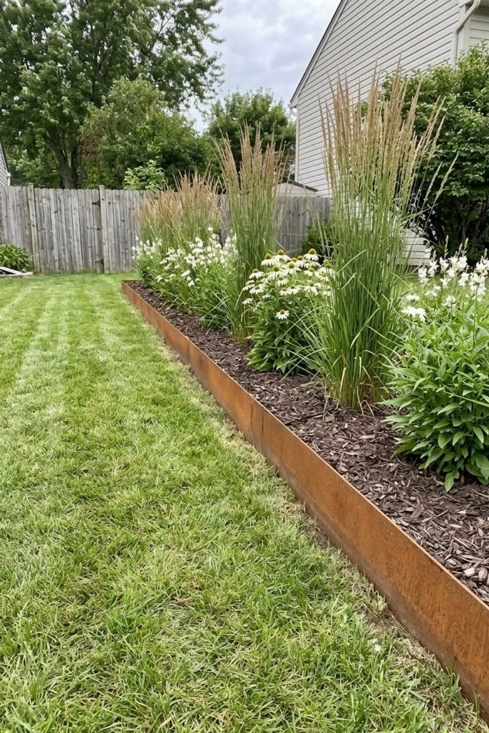 Modern Concrete or Corten Edge defining a flower bed in a suburban backyard