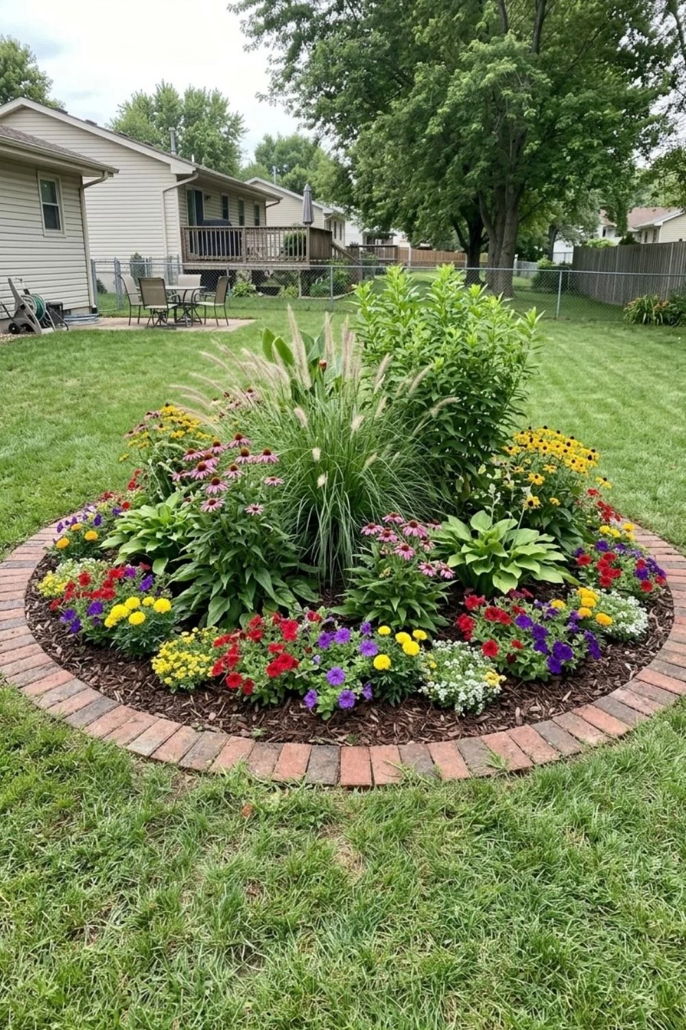 Circular Brick Border defining a flower bed in a suburban backyard