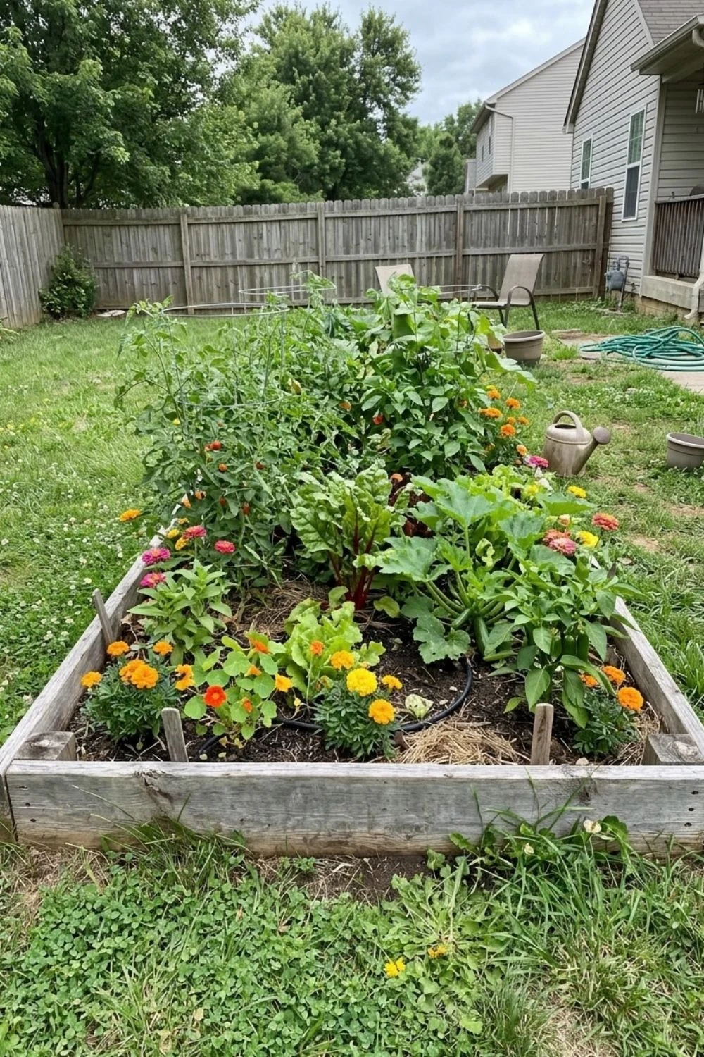 Raised Wood Bed Border defining a flower bed in a suburban backyard