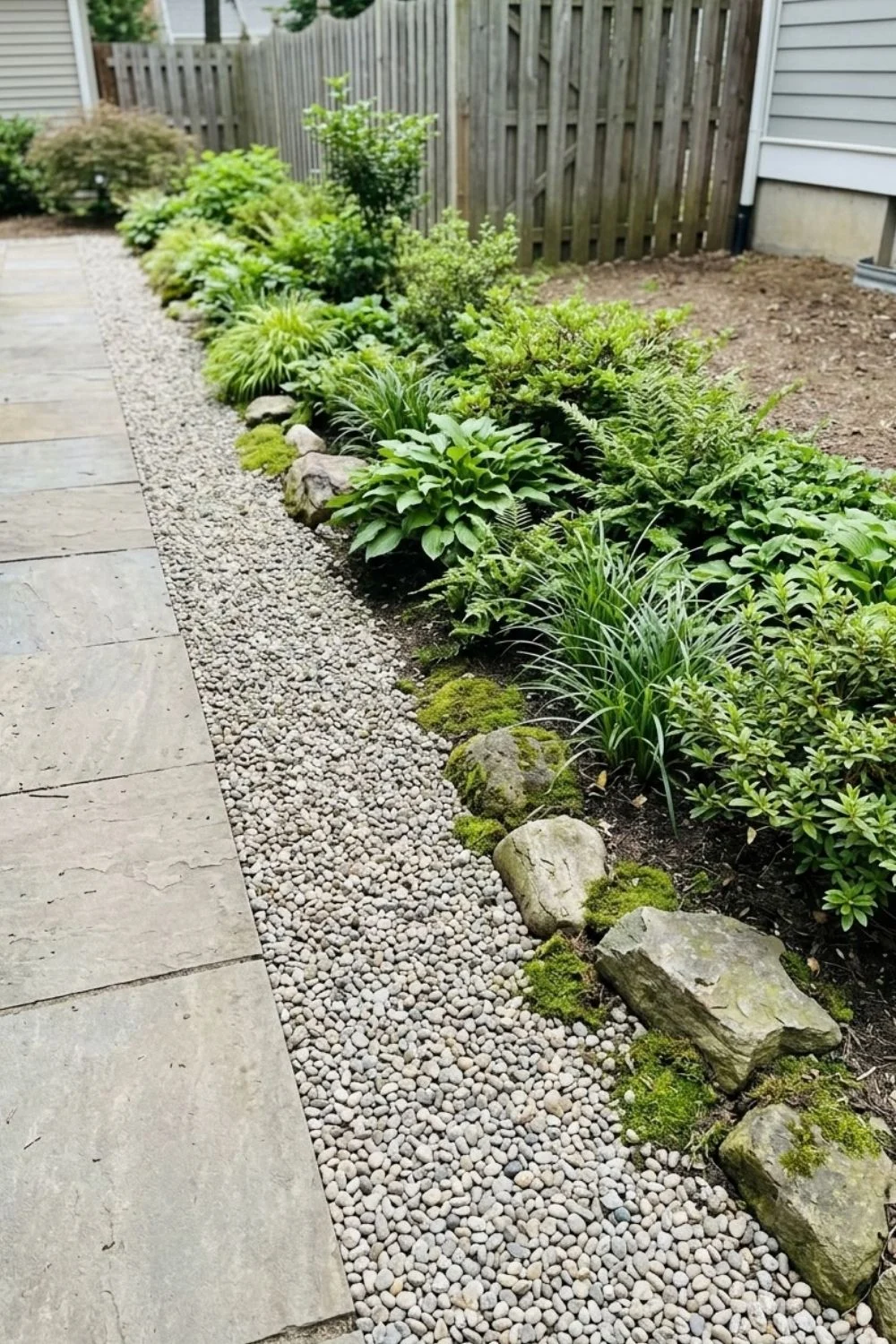 Zen Gravel Border defining a flower bed in a suburban backyard