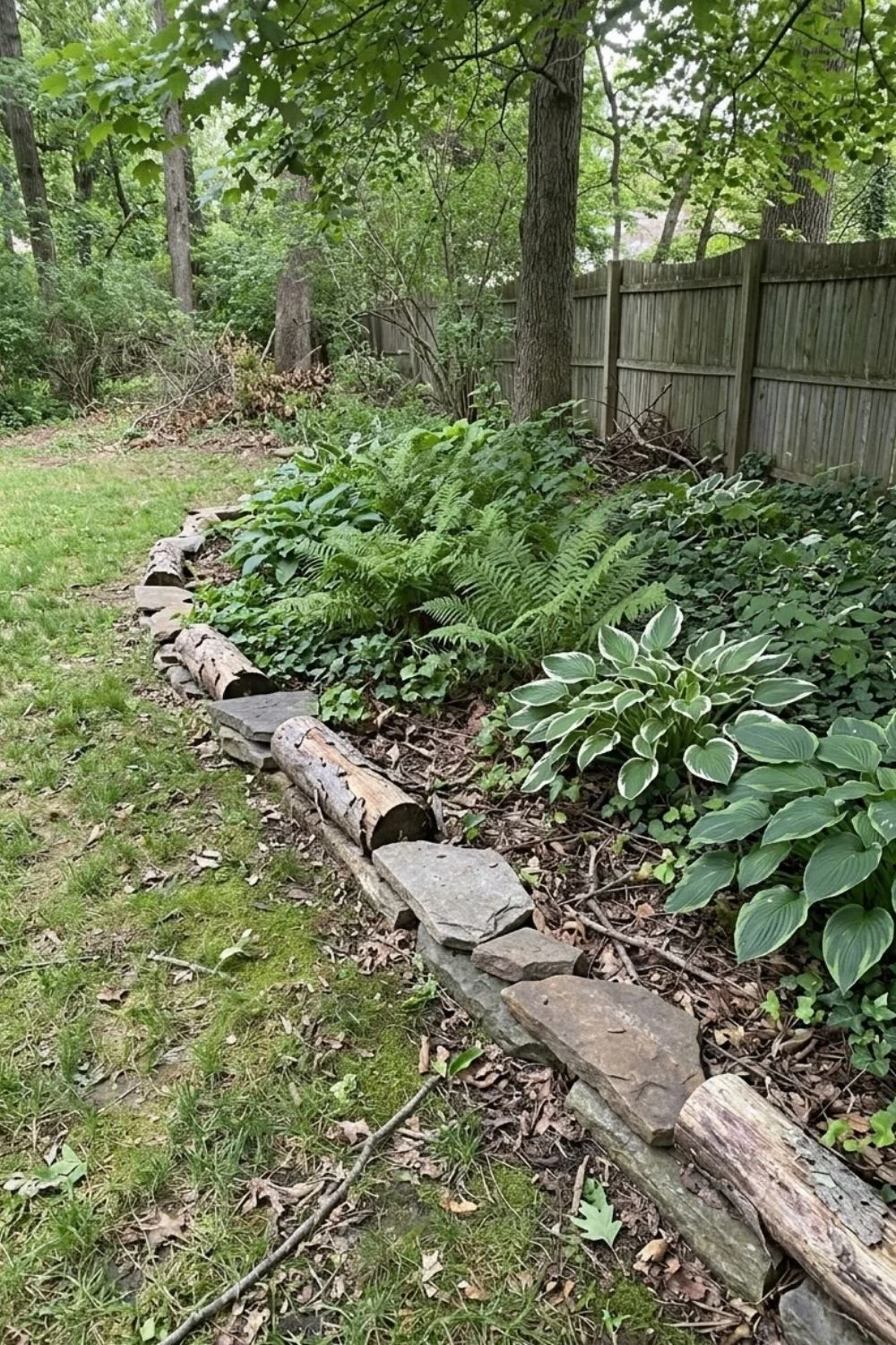 Woodland Log and Stone Edge defining a flower bed in a suburban backyard